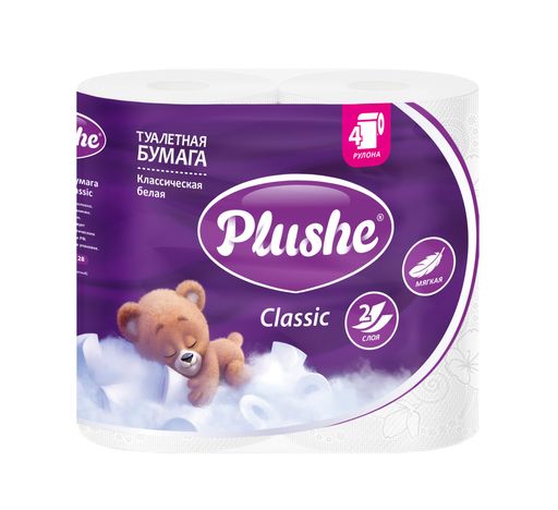 Plushe Classic туалетная бумага, туалетная бумага классическая, двухслойная, белого цвета, 4 шт.