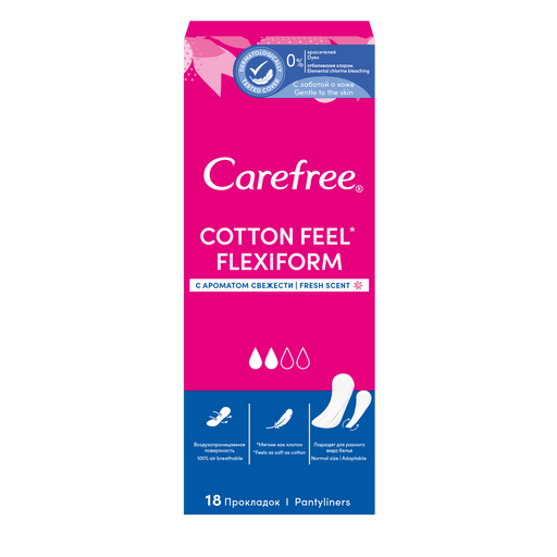 Carefree Cotton Feel FlexiForm Fresh прокладки ежедневные, прокладки ежедневные, с ароматом свежести, 18 шт.
