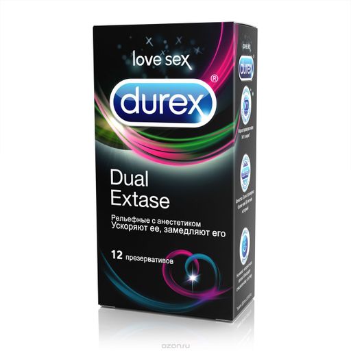 Презервативы Durex Dual Extase, презерватив, рельефные с анестетиком, 12 шт.