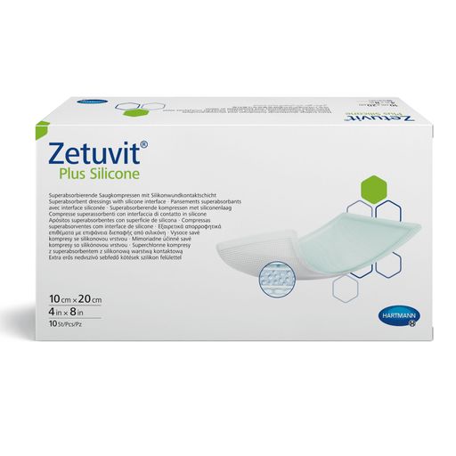 Zetuvit Plus Silicone Повязка суперабсорбирующая, 10см х 20см, повязка стерильная, с контактным слоем из силикона, 10 шт.